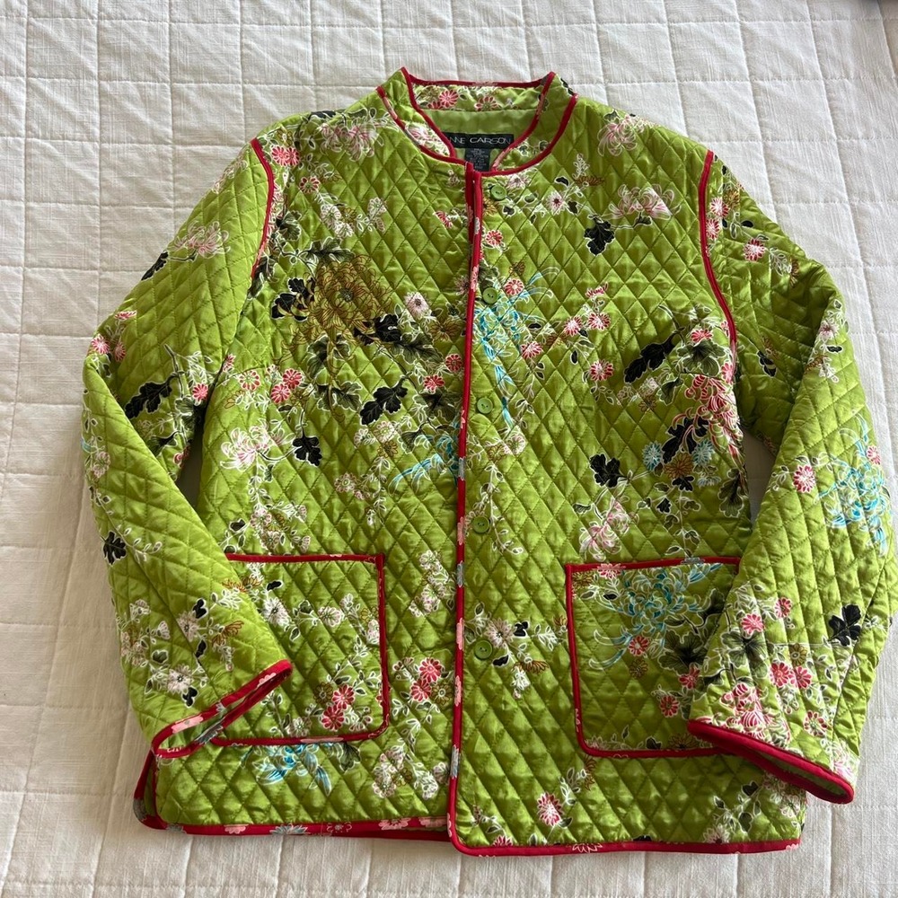 Anne Carson Womens Green Silk Quilted Floral Jacket | Quilted Coat | Cottagecore